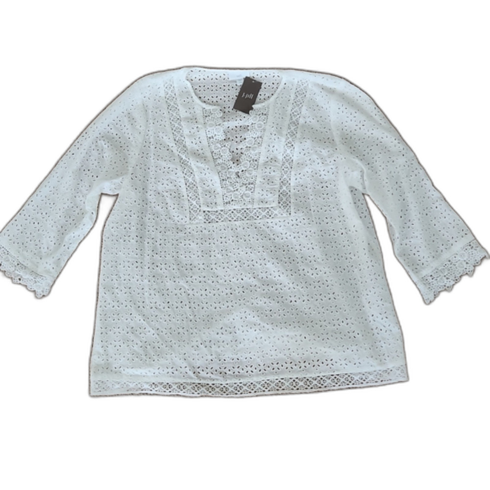 NWT J. Jill White Eyelet Lace Split V-Neck 3/4 Sleeve Tunic Blouse, Size LP